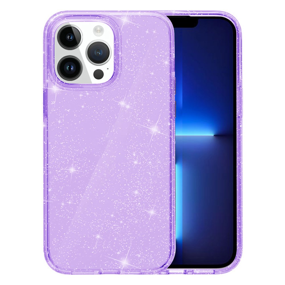 For iPhone 13 Pro Clear Sparkly Powder Glitter Shiny Soft TPU + Hard PC Back Cover - Transparent Purple
