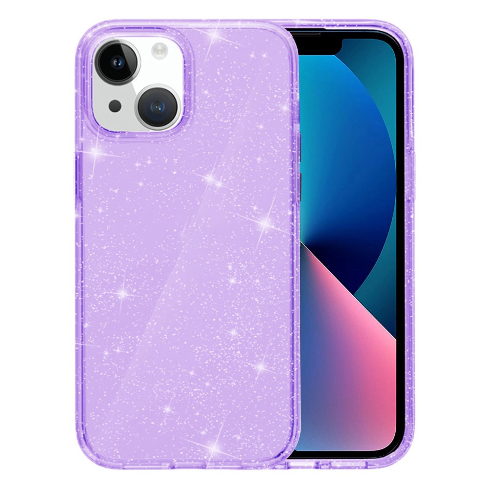 For iPhone 13 Case Sparkly Powder Glitter Shiny Soft TPU + Hard PC Back Cover - Transparent Purple