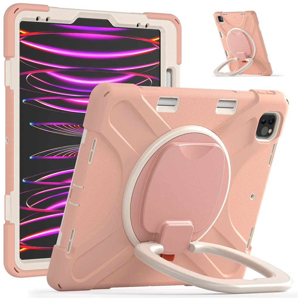Magnetic-Absorbed Pen Slot Design Hybrid Tablet Cover with 360° Swivel Kickstand Case for iPad Pro 12.9 inch (2022) / (2021) / (2020) / (2018) - Rose Gold