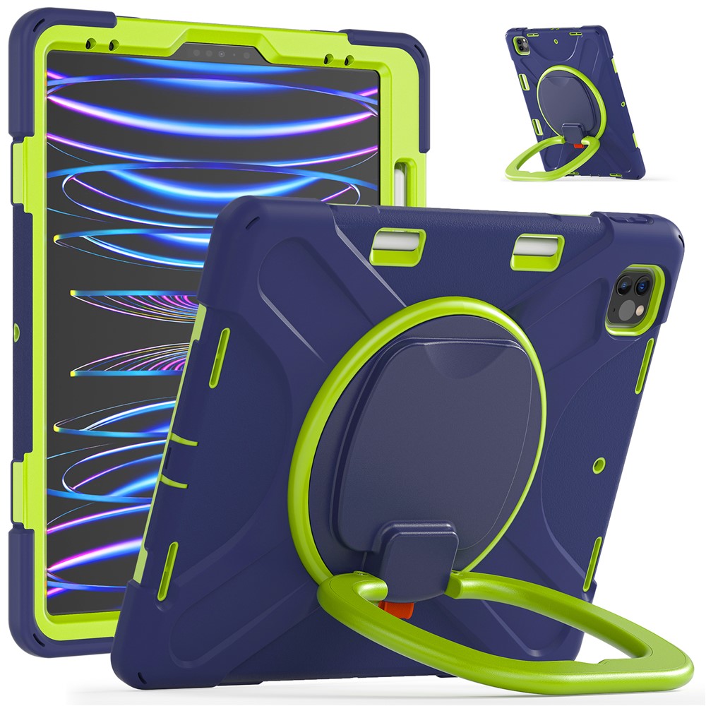 Magnetic-Absorbed Pen Slot Design Hybrid Tablet Cover with 360° Swivel Kickstand Case for iPad Pro 12.9 inch (2022) / (2021) / (2020) / (2018) - Navy Blue / Lime