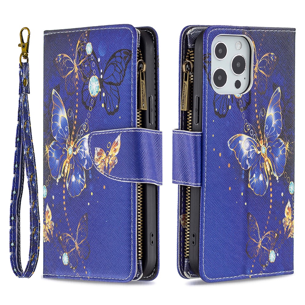 Wholesale Bf03 Stylish Pattern Printing 360 Protection Leather Stand Phone Cover With Wrist Strap And Zippered Wallet For Iphone 13 Pro Max 6 7 Inch Dark Blue Butterfly From China Tvc Mall Com
