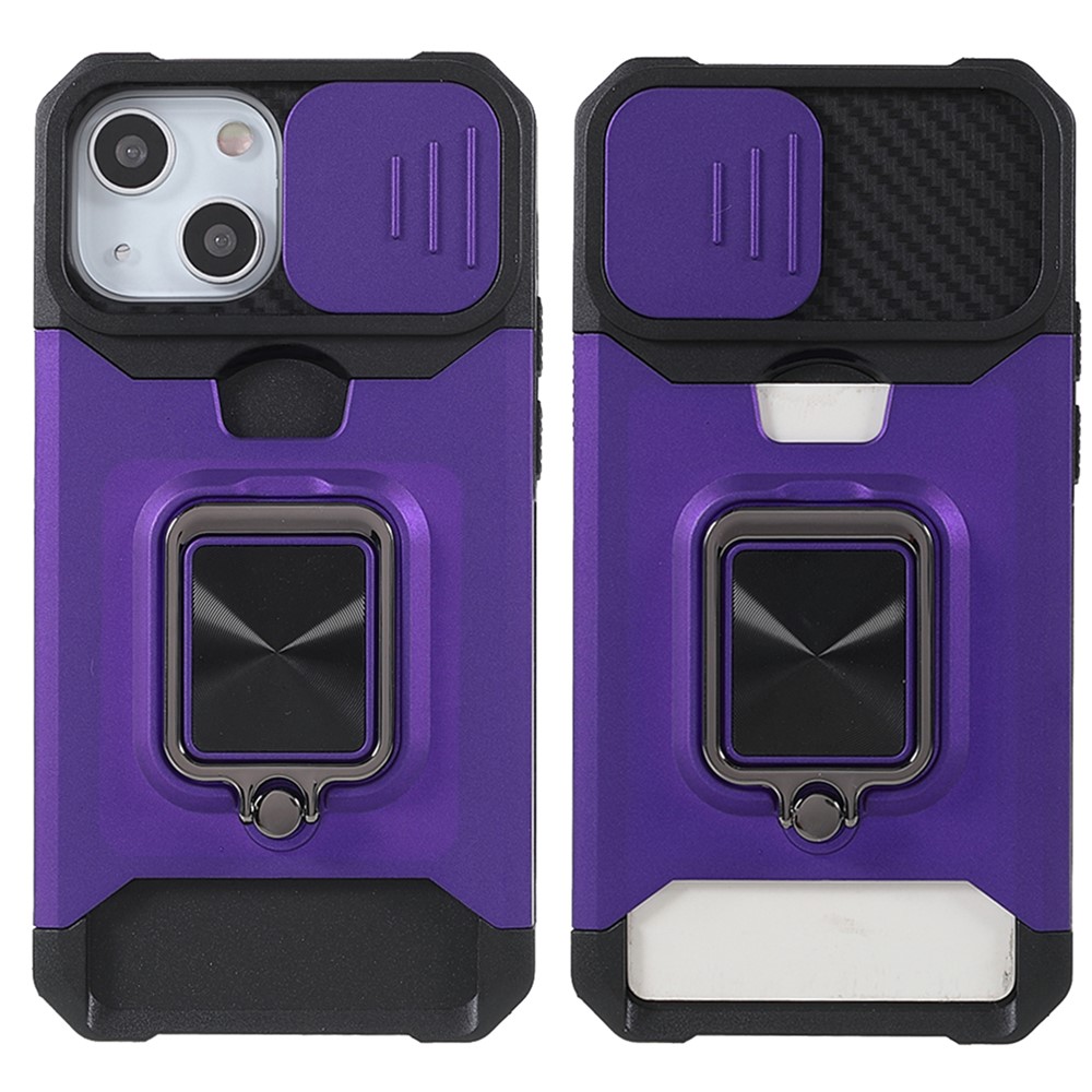 Lens Cover Design Hybrid Phone Case Camera Slider Cover Shell with Card Holder for iPhone 13 mini 5.4 inch - Purple-1