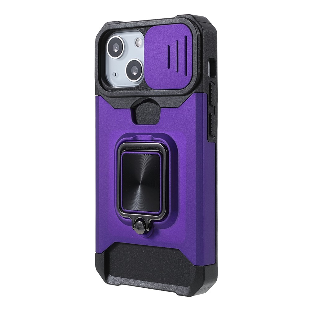 Lens Cover Design Hybrid Phone Case Camera Slider Cover Shell with Card Holder for iPhone 13 mini 5.4 inch - Purple-2