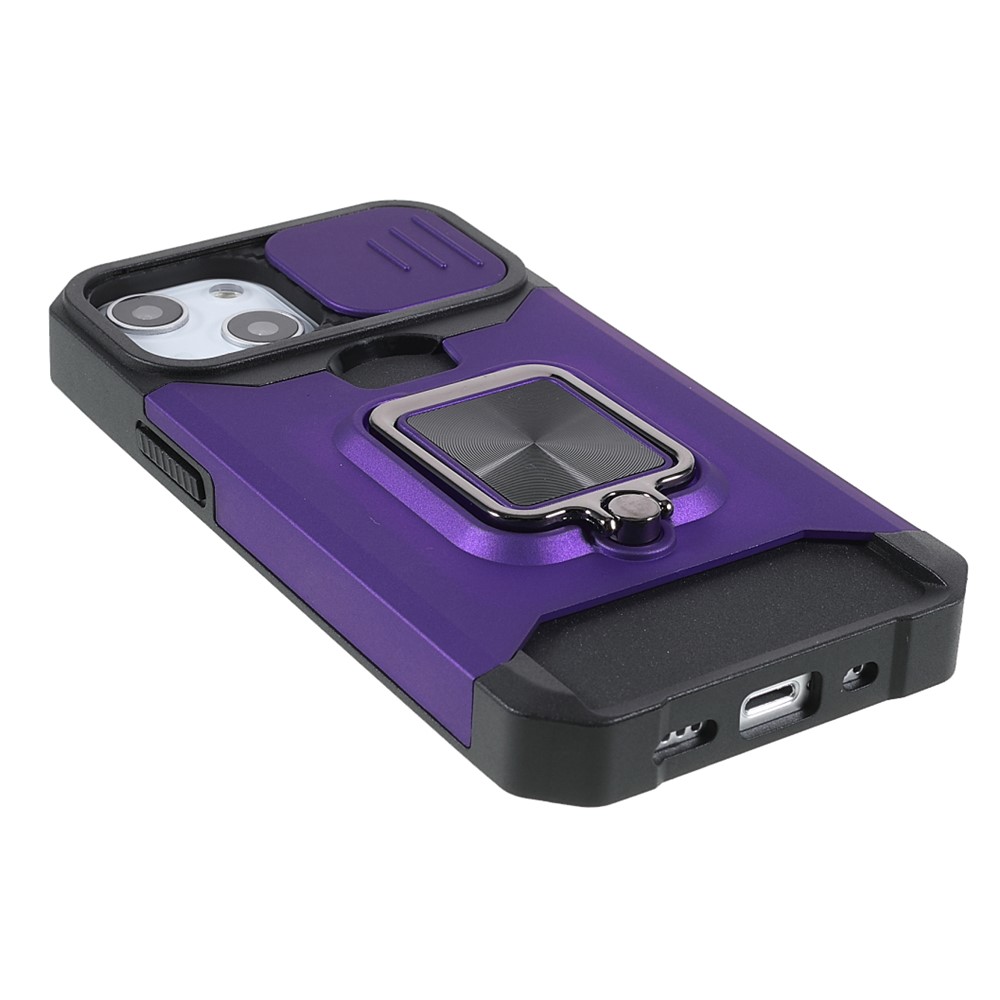 Lens Cover Design Hybrid Phone Case Camera Slider Cover Shell with Card Holder for iPhone 13 mini 5.4 inch - Purple-4