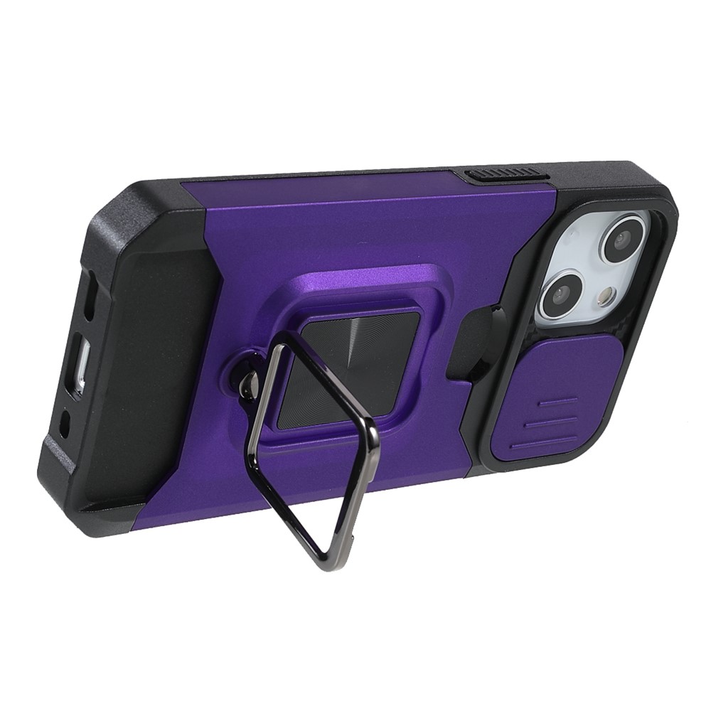 Lens Cover Design Hybrid Phone Case Camera Slider Cover Shell with Card Holder for iPhone 13 mini 5.4 inch - Purple-5