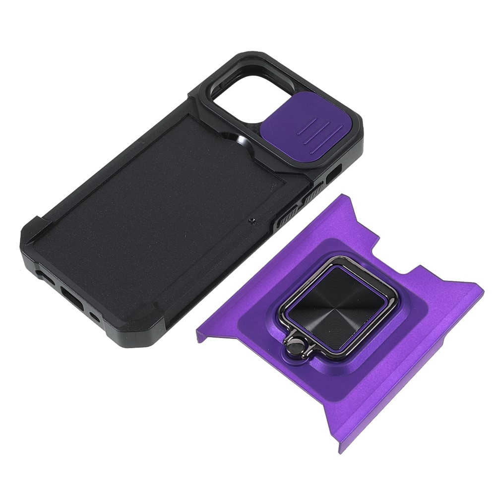 Lens Cover Design Hybrid Phone Case Camera Slider Cover Shell with Card Holder for iPhone 13 mini 5.4 inch - Purple-7