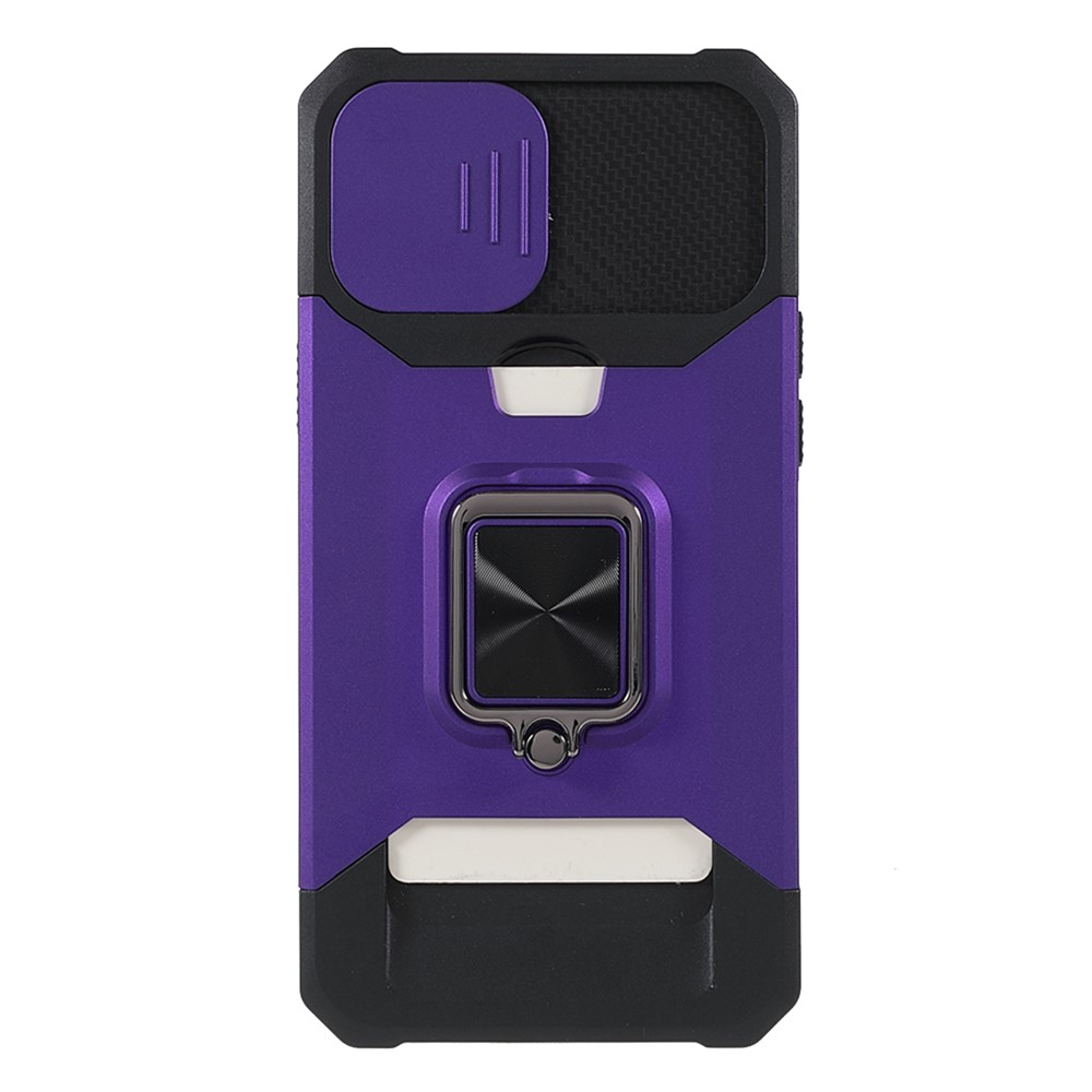 Camera Slider Hybrid Phone Case Cover 360° Rotary Kickstand Shell with Card Holder for iPhone 12 Pro Max 6.7 inch - Purple-6