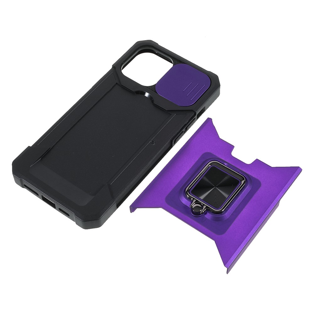 Camera Slider Hybrid Phone Case Cover 360° Rotary Kickstand Shell with Card Holder for iPhone 12 Pro Max 6.7 inch - Purple-7