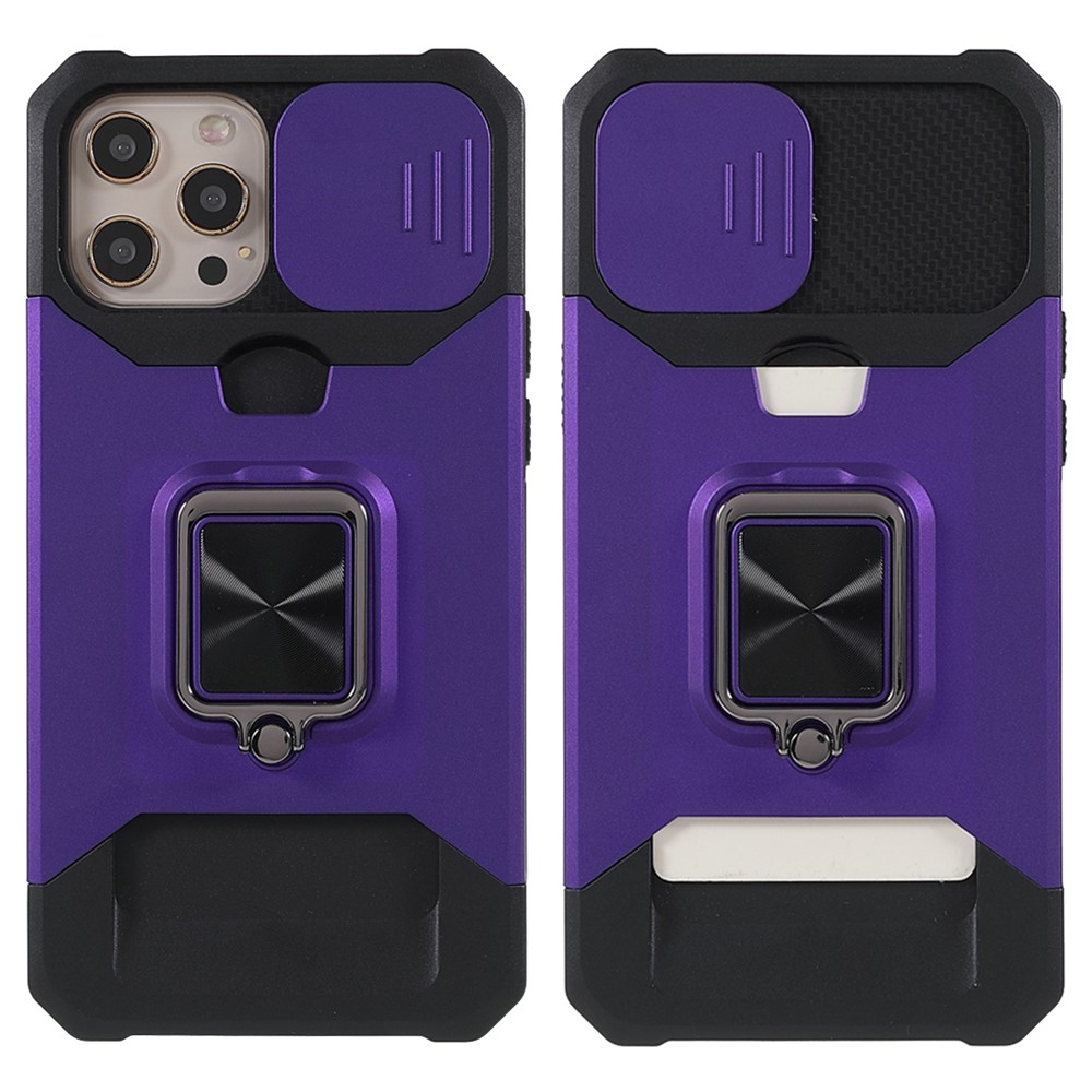 Camera Slider Drop-Resistant Hybrid Phone Case Cover Shell with Card Holder for iPhone 11 Pro 5.8 inch - Purple-1