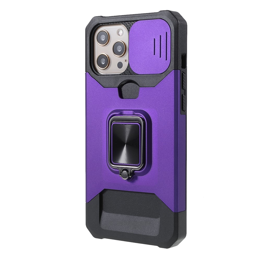 Camera Slider Drop-Resistant Hybrid Phone Case Cover Shell with Card Holder for iPhone 11 Pro 5.8 inch - Purple-2