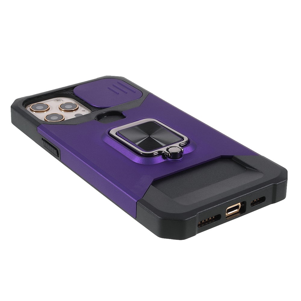 Camera Slider Drop-Resistant Hybrid Phone Case Cover Shell with Card Holder for iPhone 11 Pro 5.8 inch - Purple-4