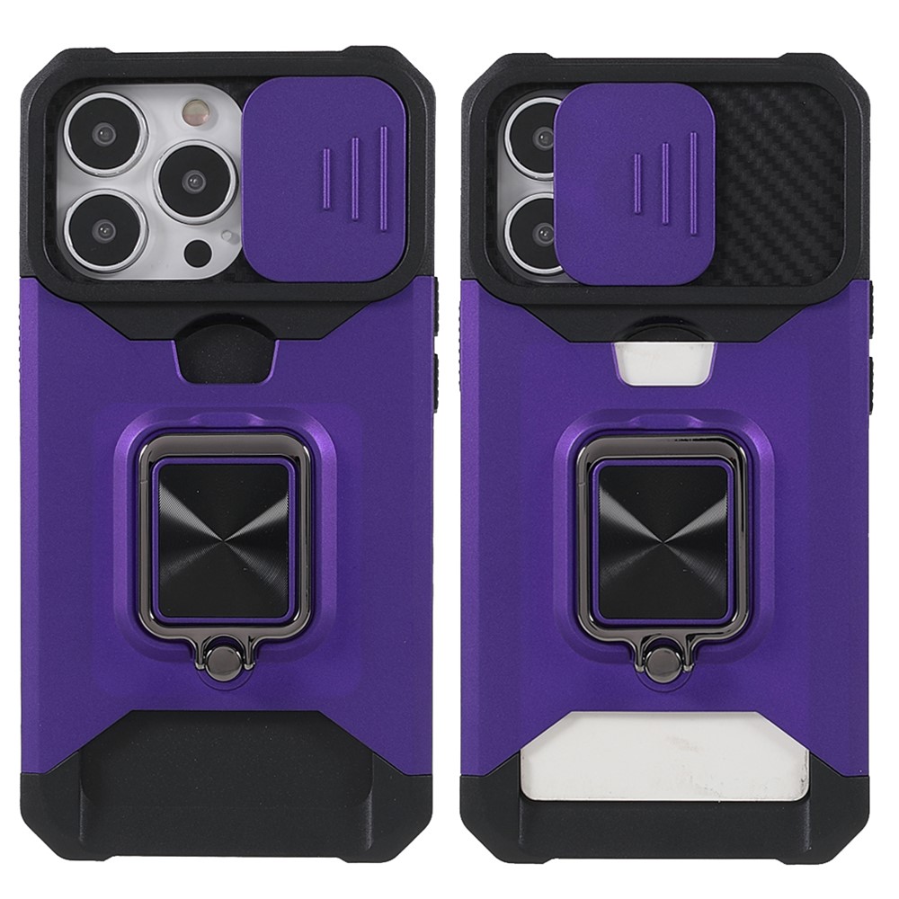 Shock-Absorbed Hybrid Phone Case Cover Shell with Card Holder and Removable Lens Shield for iPhone 13 Pro 6.1 inch - Purple-1