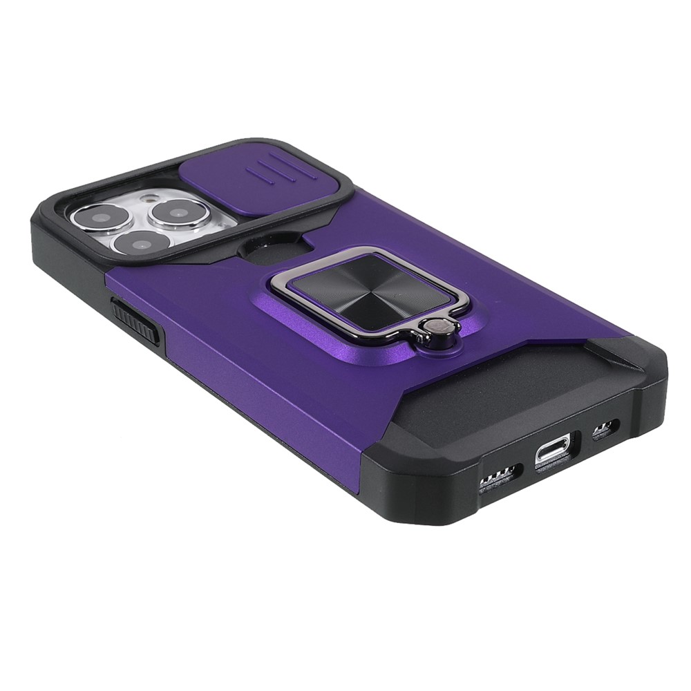 Shock-Absorbed Hybrid Phone Case Cover Shell with Card Holder and Removable Lens Shield for iPhone 13 Pro 6.1 inch - Purple-4