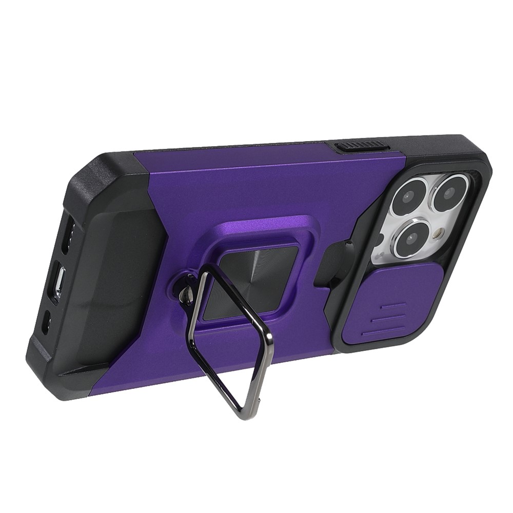 Shock-Absorbed Hybrid Phone Case Cover Shell with Card Holder and Removable Lens Shield for iPhone 13 Pro 6.1 inch - Purple-5