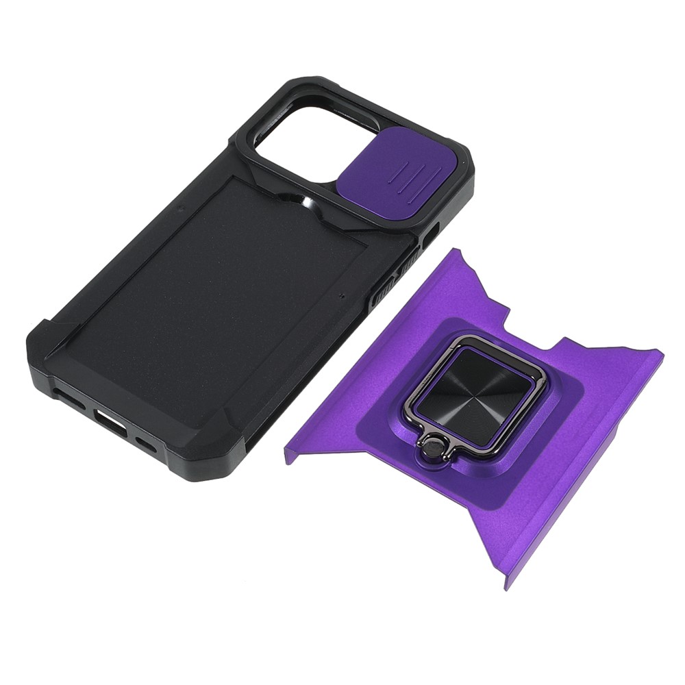 Shock-Absorbed Hybrid Phone Case Cover Shell with Card Holder and Removable Lens Shield for iPhone 13 Pro 6.1 inch - Purple-7