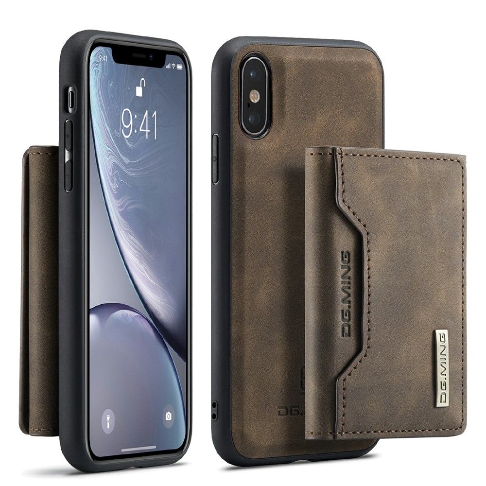 DG.MING M2 Series Magnetic Shockproof Wallet Design Leather Coated Hybrid Case with Kickstand for iPhone XS Max 6.5 inch - Coffee