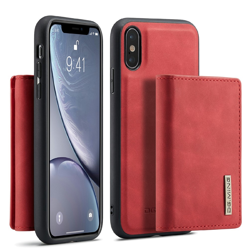DG.MING M1 Series Magnetic Well-protected Wallet Design Leather Coated Hybrid Case with Kickstand for iPhone X/XS 5.8 inch - Red