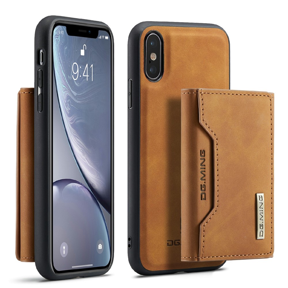 DG.MING M2 Series Magnetic Anti-drop Wallet Design Leather Coated Hybrid Case with Kickstand for iPhone X/XS 5.8 inch - Brown