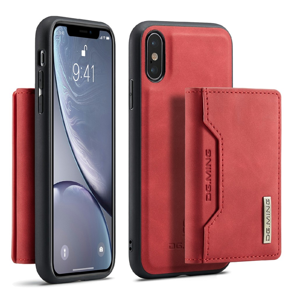 DG.MING M2 Series Magnetic Anti-drop Wallet Design Leather Coated Hybrid Case with Kickstand for iPhone X/XS 5.8 inch - Red