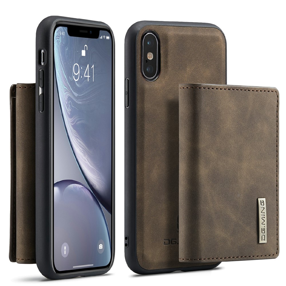 DG.MING M1 Series Magnetic Shockproof Wallet Design Leather Coated Hybrid Case Detachable Cover Shell with Kickstand for iPhone XS Max 6.5 inch - Coffee