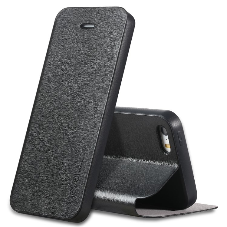 X-level fib color flip leather stand cover for iphone se/5s/5 - black