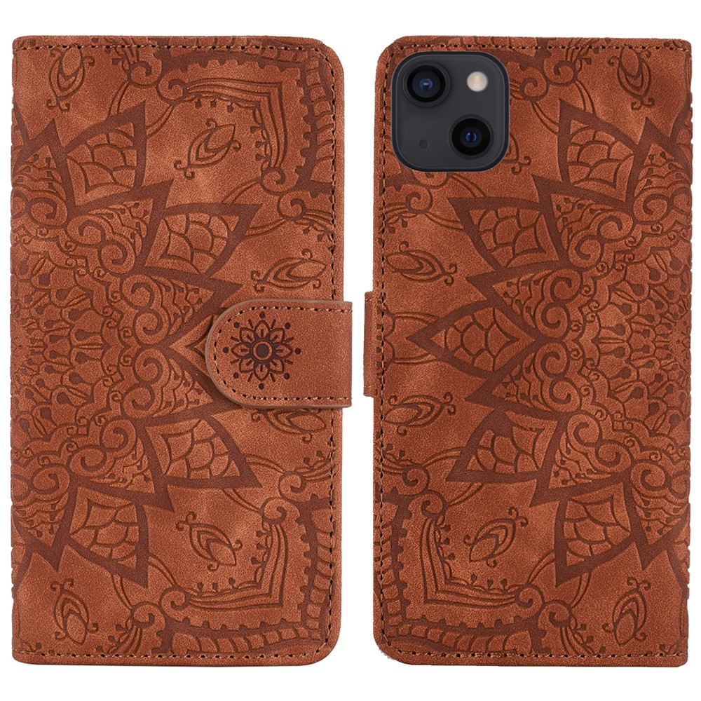 Imprint Flower Premium PU Leather Wallet Flip Protective Case with Magnetic Closure and Stand for iPhone 13 mini 5.4 inch - Brown