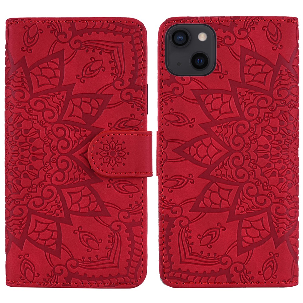 Imprint Flower Premium PU Leather Wallet Flip Protective Case with Magnetic Closure and Stand for iPhone 13 mini 5.4 inch - Red