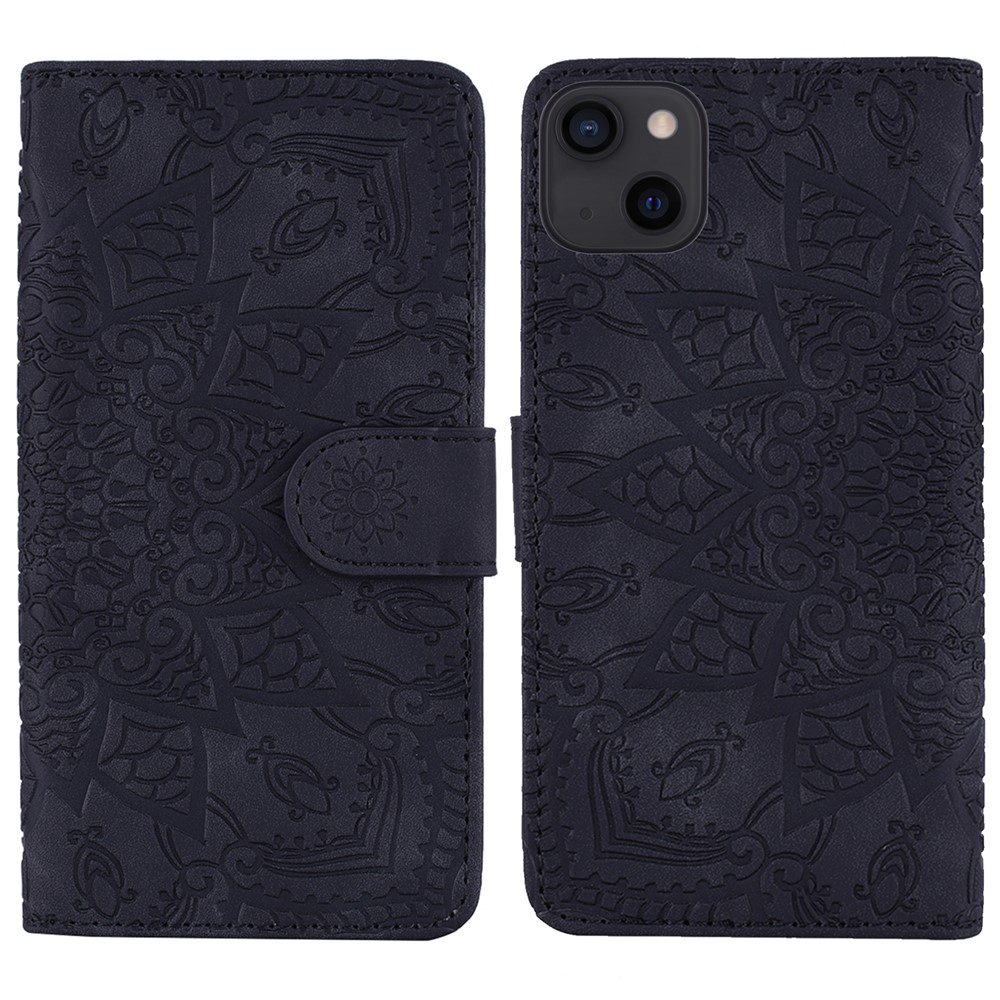 Imprint Flower Premium PU Leather Wallet Flip Protective Case with Magnetic Closure and Stand for iPhone 13 mini 5.4 inch - Black