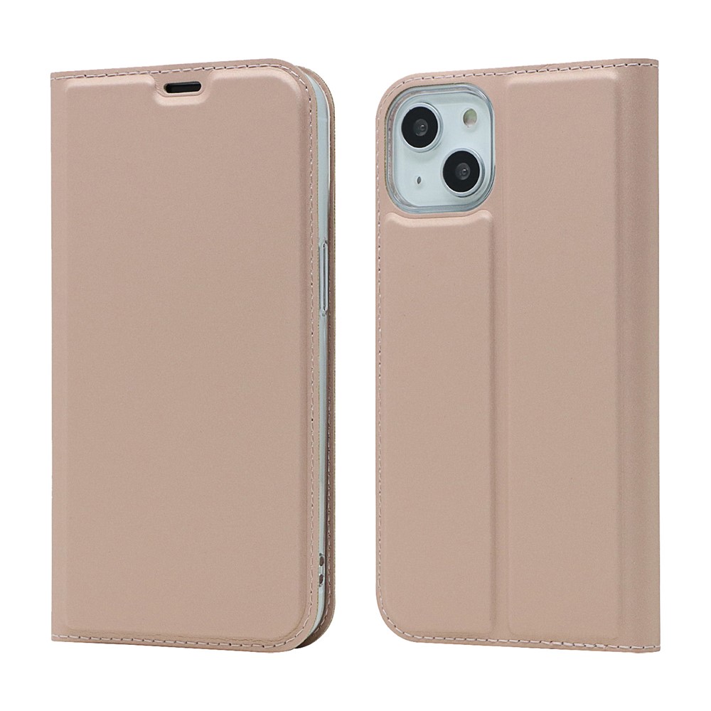 Auto-absorbed Simple Fashion Shockproof Leather Phone Cover Case with Stand Card Slot for iPhone 13 mini 5.4 inch - Rose Gold