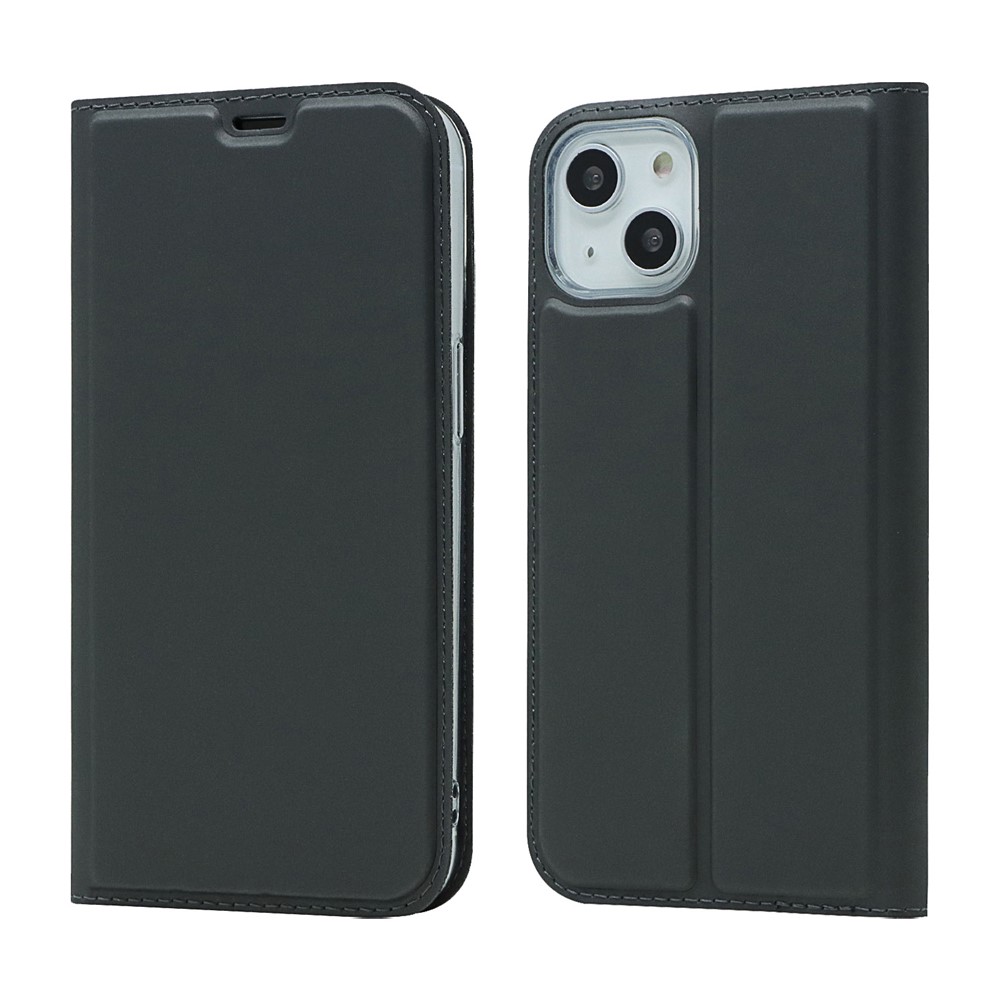 Auto-absorbed Simple Fashion Shockproof Leather Phone Cover Case with Stand Card Slot for iPhone 13 mini 5.4 inch - Black