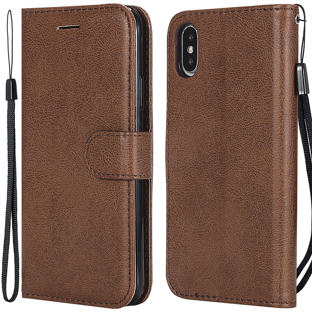 For iPhone X / XS 5.8 inch Case Solid Color Leather Mobile Cover Wallet Stand with Strap - Brown