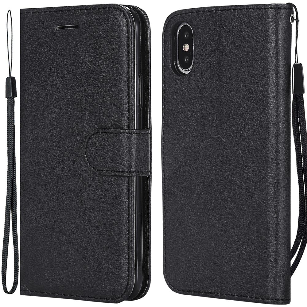 For iPhone X / XS 5.8 inch Case Solid Color Leather Mobile Cover Wallet Stand with Strap - Black