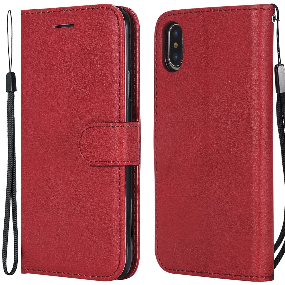 For iPhone X / XS 5.8 inch Case Solid Color Leather Mobile Cover Wallet Stand with Strap - Red