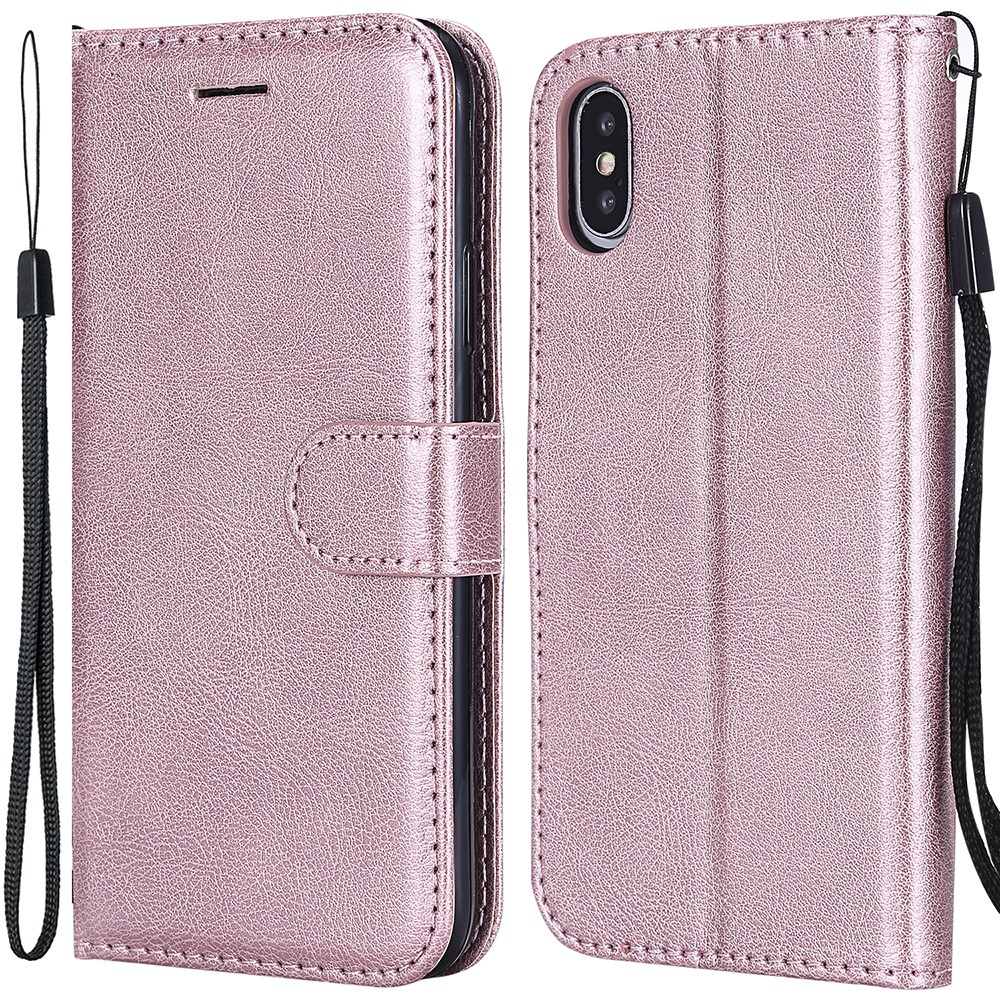 For iPhone X / XS 5.8 inch Case Solid Color Leather Mobile Cover Wallet Stand with Strap - Rose Gold