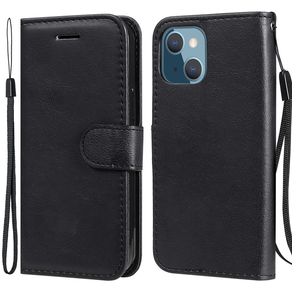 For iPhone 13 mini 5.4 inch Case Solid Color Leather Mobile Cover Wallet Stand with Strap - Black
