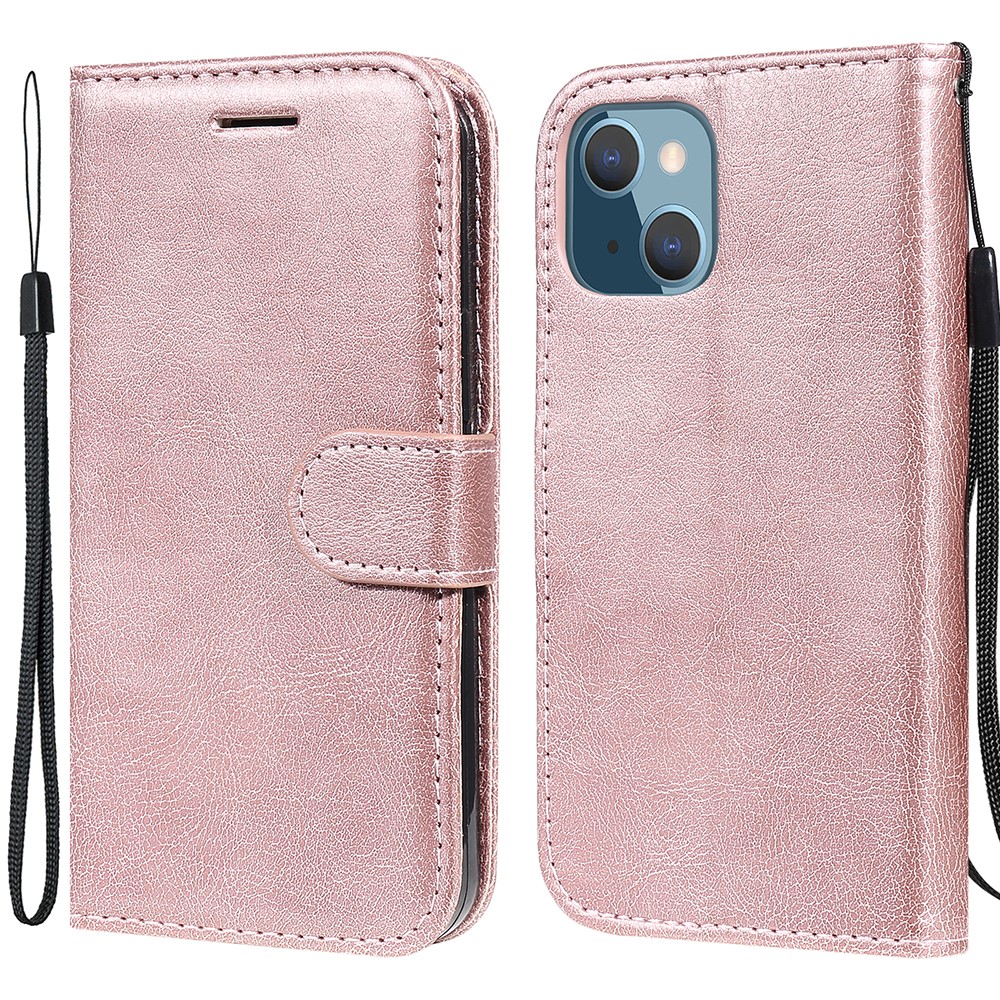 For iPhone 13 mini 5.4 inch Case Solid Color Leather Mobile Cover Wallet Stand with Strap - Rose Gold