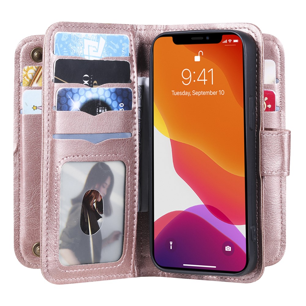 For iPhone 13 mini Leather Case with 10 Card Holder Phone Cover Stand - Rose Gold