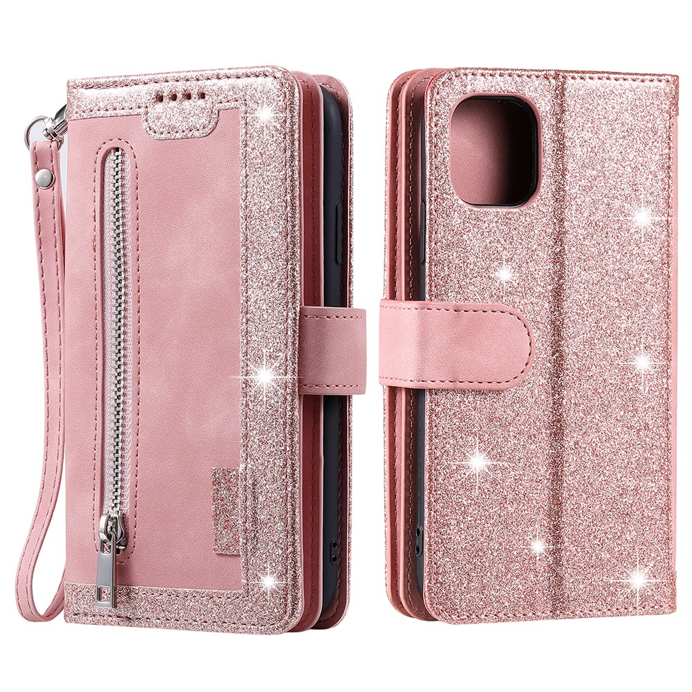9 Card Slots Design Leather Wallet Stand Phone Case Shell with Wrist Strap for iPhone 13 mini 5.4 inch - Pink