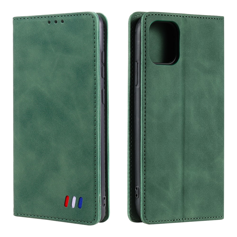 001 Series Auto-absorbed Skin-touch Feeling Leather Full-Protection Wallet Phone Case for iPhone 13 mini 5.4 inch - Green