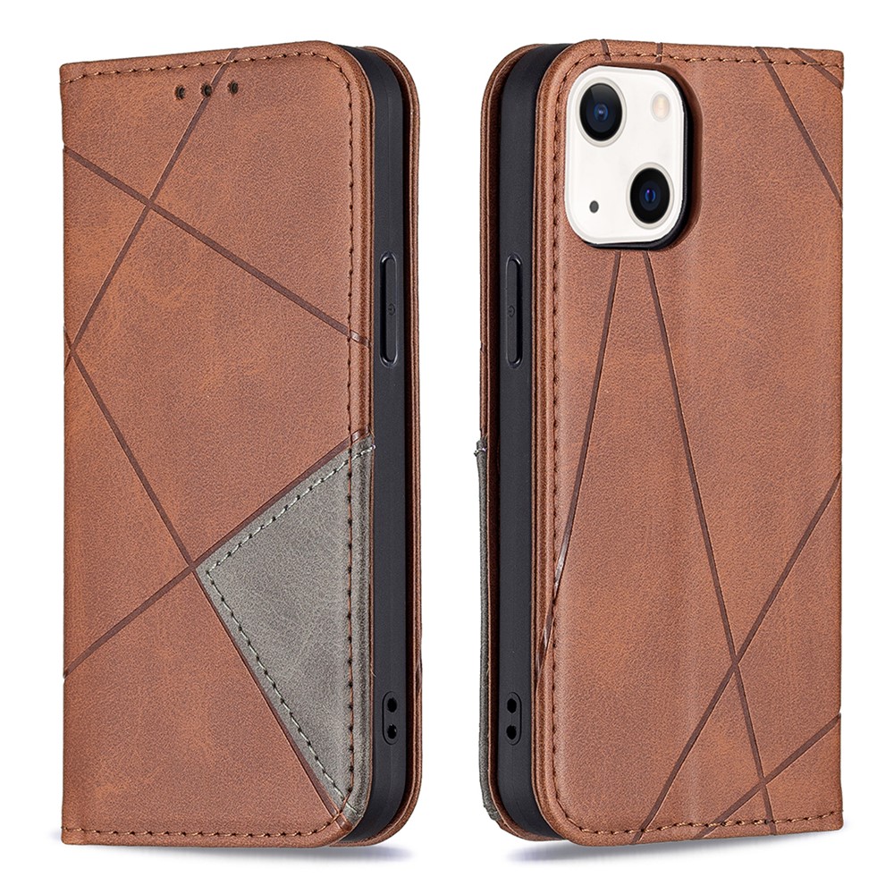 Geometric Splicing Pattern Card Holder Stand Design Leather Phone Case Shell for iPhone 13 mini 5.4 inch - Brown
