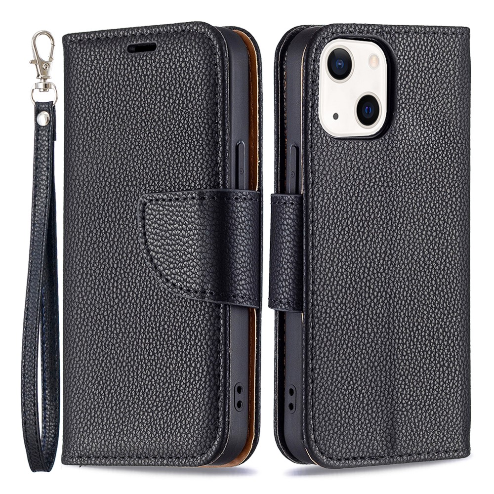 Full Protection PU Leather Cover Litchi Texture Phone Case with Wallet Stand Design for iPhone 13 mini 5.4 inch - Black