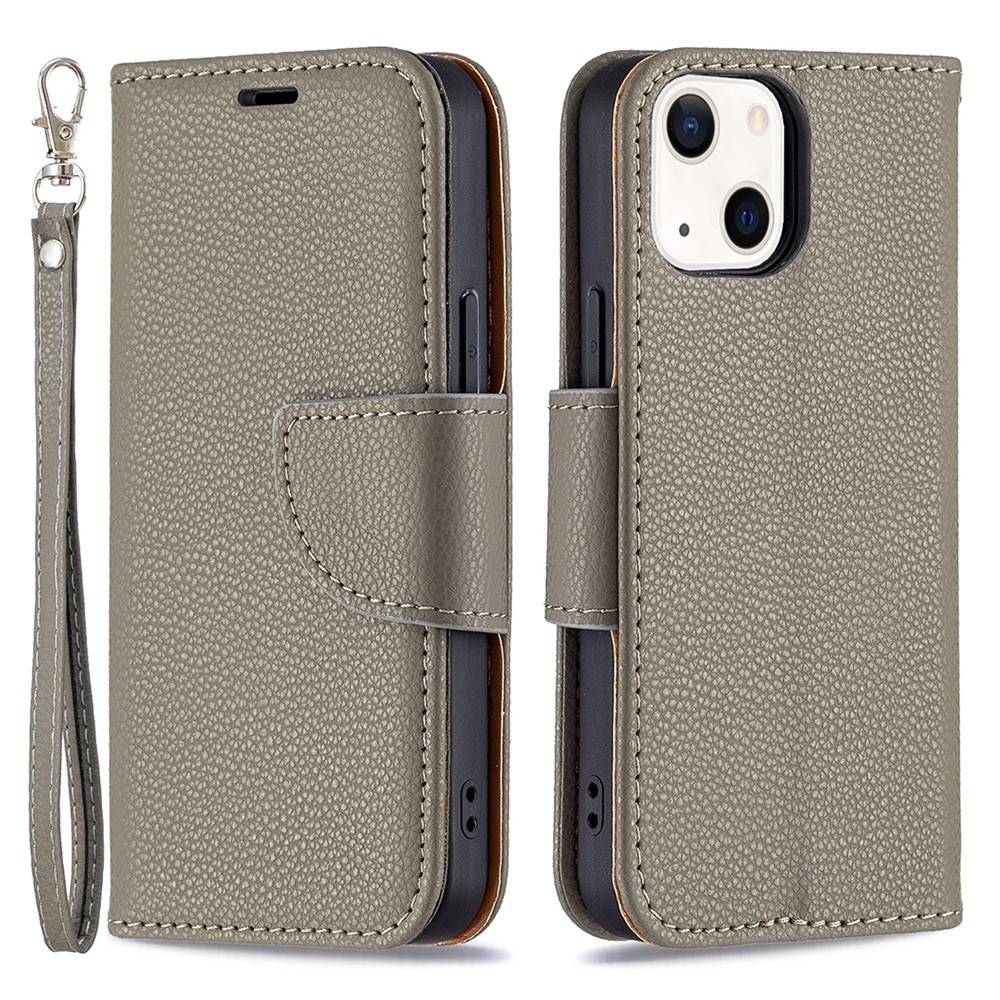 Full Protection PU Leather Cover Litchi Texture Phone Case with Wallet Stand Design for iPhone 13 mini 5.4 inch - Grey