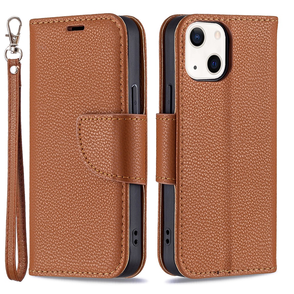 Full Protection PU Leather Cover Litchi Texture Phone Case with Wallet Stand Design for iPhone 13 mini 5.4 inch - Brown