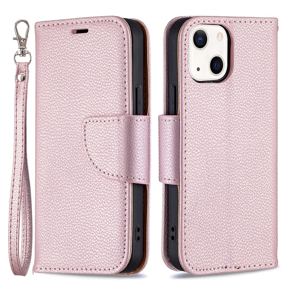 Full Protection PU Leather Cover Litchi Texture Phone Case with Wallet Stand Design for iPhone 13 mini 5.4 inch - Rose Gold