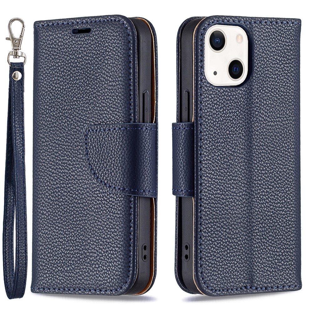 Full Protection PU Leather Cover Litchi Texture Phone Case with Wallet Stand Design for iPhone 13 mini 5.4 inch - Dark Blue