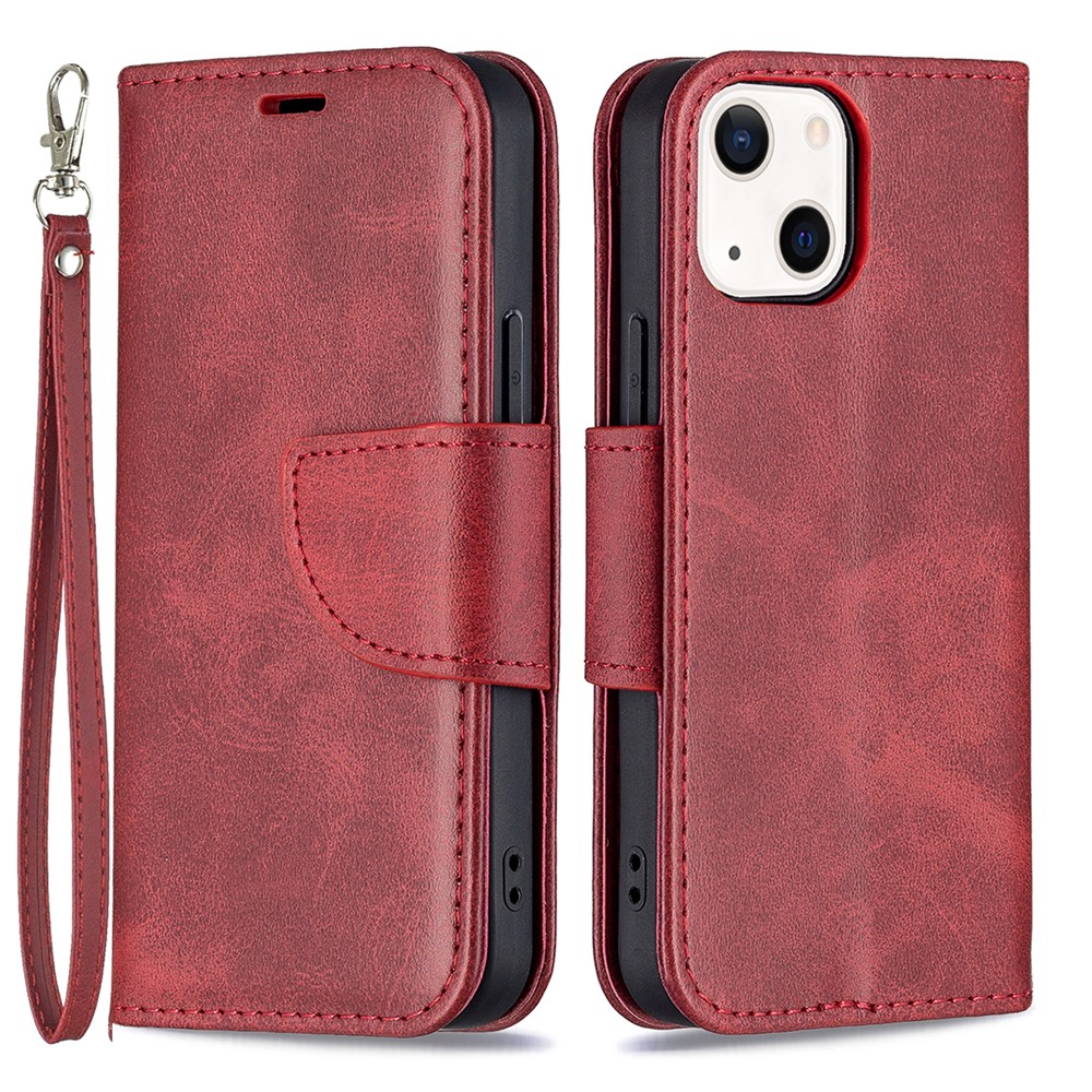 Solid Color Leather Wallet Case Phone Shell with Strap for iPhone 13 mini 5.4 inch - Red