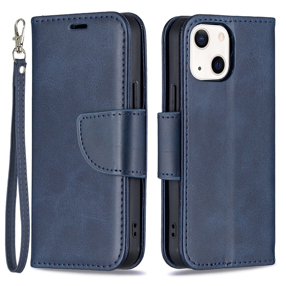 Solid Color Leather Wallet Case Phone Shell with Strap for iPhone 13 mini 5.4 inch - Blue