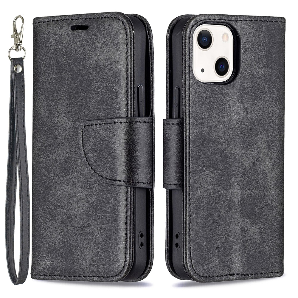 Solid Color Leather Wallet Case Phone Shell with Strap for iPhone 13 mini 5.4 inch - Black