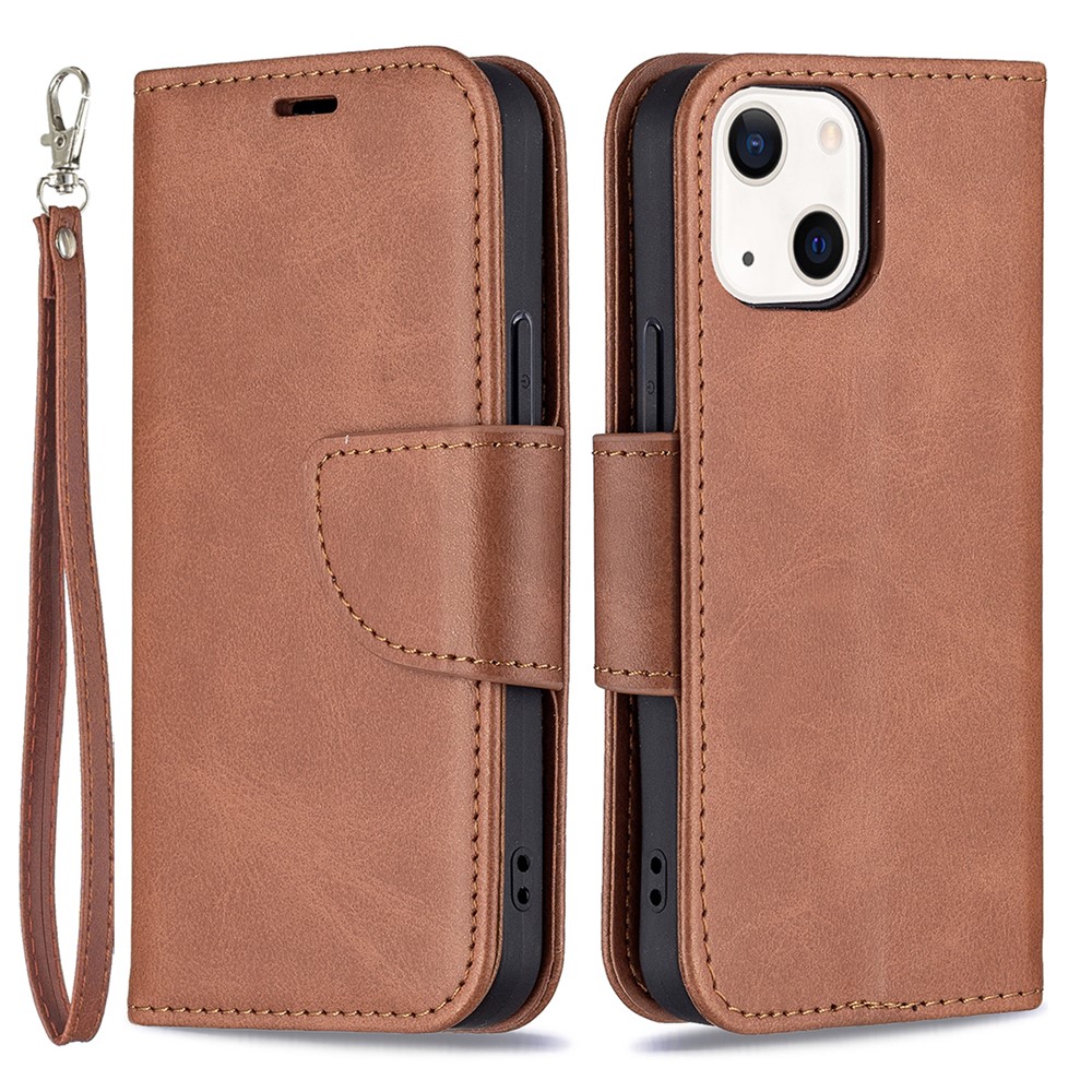 Solid Color Leather Wallet Case Phone Shell with Strap for iPhone 13 mini 5.4 inch - Brown