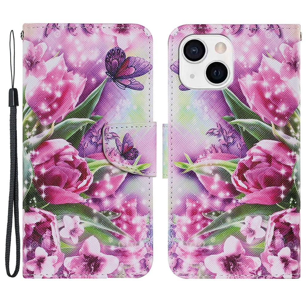 Full Protection Pattern-Printing Leather Case Phone Protective Cover Shell for iPhone 13 mini 5.4 inch - Tulip